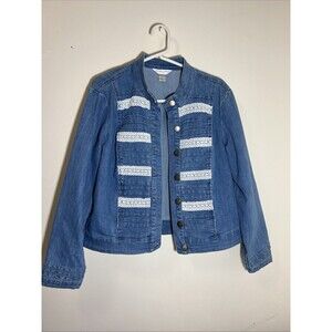 Christopher & Banks Denim Jacket Womens Petite XL Button Up Lace Trim Stretch